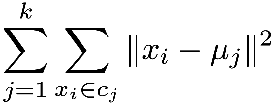 \[ \sum_{j = 1}^{k} \sum_{x_i \in c_j} \| x_i - \mu_j \|^2 \]