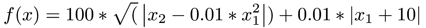 \[ f(x) = 100 * \sqrt(\left|x_2 - 0.01 * x_1^2 \right|) + 0.01 * \left|x_1 + 10 \right| \]