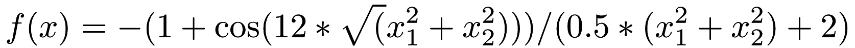 \[ f(x) = - (1 + \cos(12 * \sqrt(x_1^2 + x_2^2))) / (0.5 * (x_1^2 + x_2^2) + 2) \]