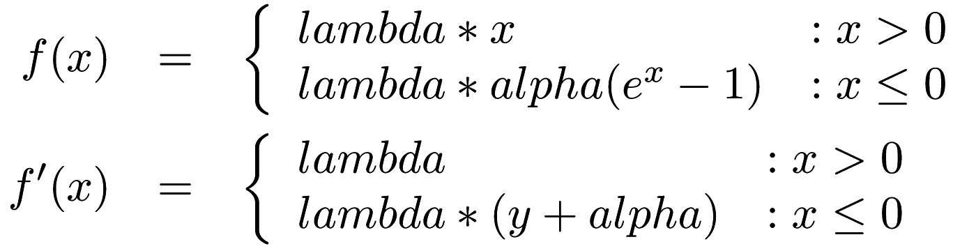 \begin{eqnarray*} f(x) &=& \left\{ \begin{array}{lr} lambda * x & : x > 0 \\ lambda * alpha(e^x - 1) & : x \le 0 \end{array} \right. \\ f'(x) &=& \left\{ \begin{array}{lr} lambda & : x > 0 \\ lambda * (y + alpha) & : x \le 0 \end{array} \right. \end{eqnarray*}