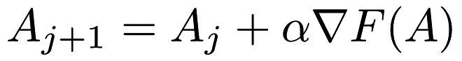 \[ A_{j + 1} = A_j + \alpha \nabla F(A) \]