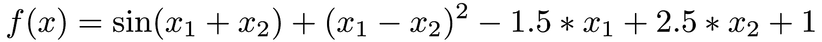 \[ f(x) = \sin(x_1 + x_2) + (x_1 - x_2)^2 - 1.5 * x_1 + 2.5 * x_2 + 1 \]