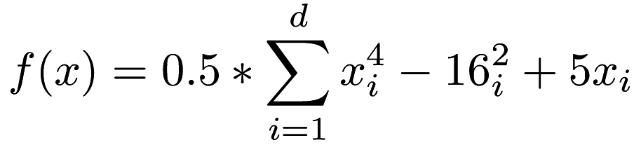 \[ f(x) = 0.5 * \sum_{i=1}^{d} x_i^4 - 16_i^2+5x_i \]
