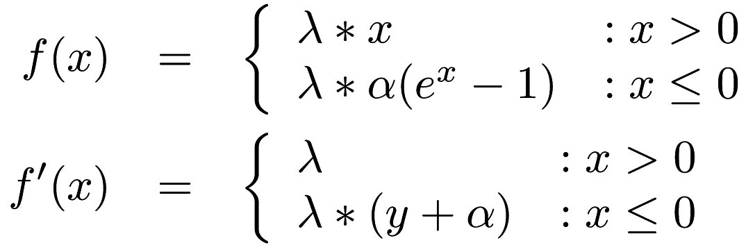 \begin{eqnarray*} f(x) &=& \left\{ \begin{array}{lr} \lambda * x & : x > 0 \\ \lambda * \alpha(e^x - 1) & : x \le 0 \end{array} \right. \\ f'(x) &=& \left\{ \begin{array}{lr} \lambda & : x > 0 \\ \lambda * (y + \alpha) & : x \le 0 \end{array} \right. \end{eqnarray*}