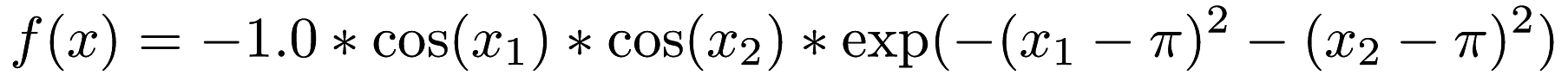 \[ f(x) = -1.0 * \cos(x_1) * \cos(x_2) * \exp(-(x_1 - \pi)^2 - (x_2 - \pi)^2) \]